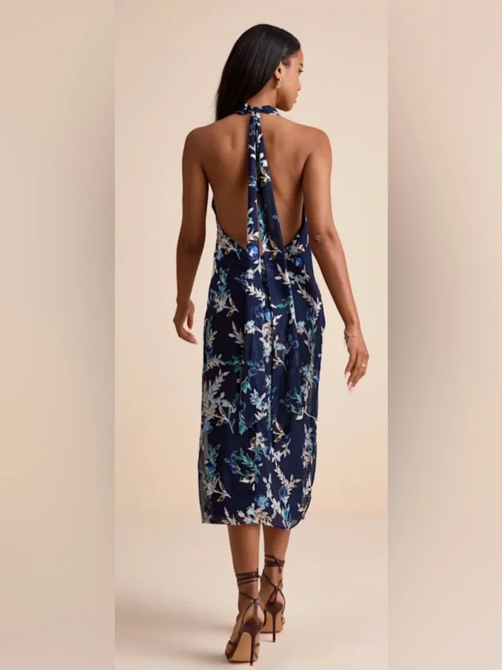 Lulu's Lizbeth Navy Floral Jacquard Backless Halter Midi Dress with Side Slit - Picture 3 of 15